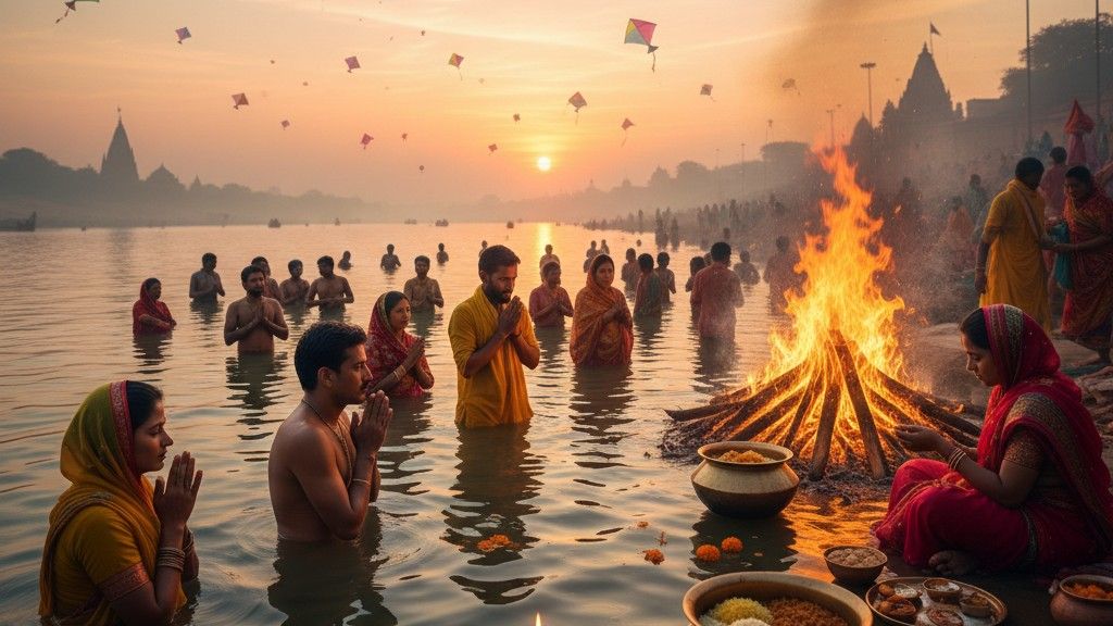 मकर संक्रांति पुण्य काल मुहूर्त, गंगा स्नान और पतंगबाजी का दृश्य

